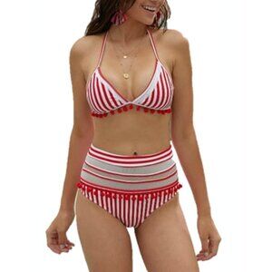 NWOT Women's Vintage Style High Waisted Ruffled Bikini Striped Tassel 2-piece sw
